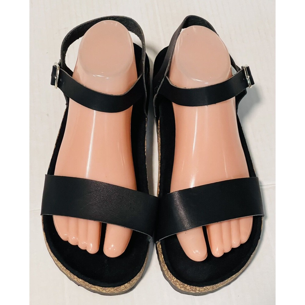 Makers Womens Sz 10 M (9 M)Black Leather Adjustable Strap Sandals Flat Cork